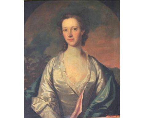 18th Century Irish School"Portrait of Martha, Countess of Aldborough," half-length, in white satin and blue low cut dress, O.