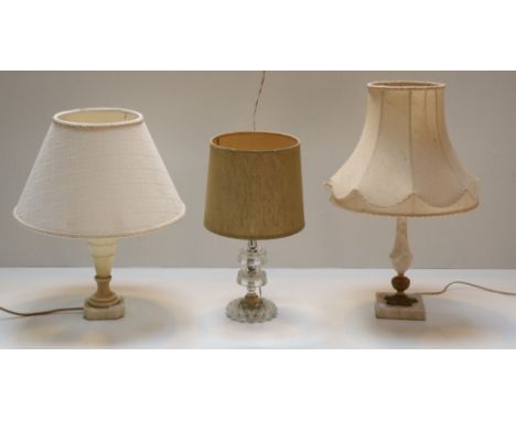 A heavy marble Lamp, with cream shade, a marble and ormolu Table Lamp, and a glass Table Lamp. (3)