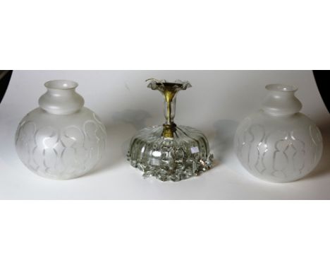 A good matching pair of large frosted glass Lamp Shades, and an antique cutglass Ceiling Light with cutglass chains, as a lot