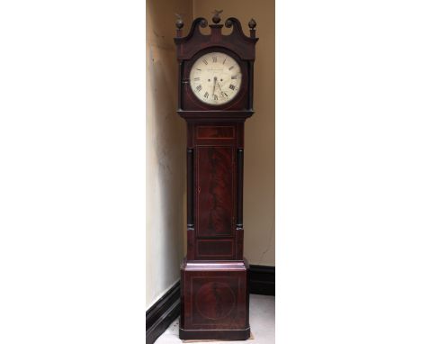 A 19th Century inlaid mahogany framed Grandfather Clock, the swan neck arch pediment with brass finials over circular enamel 