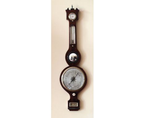 A good early 19th Century inlaid mahogany Wheel Barometer, with large engraved silver dial and small centre convex mirror, ap