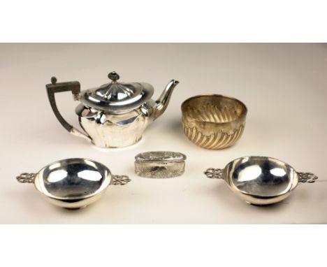 A pair of matching Bowls, of low proportions, with pierced handles; a small silver Teapot, handle loose, London c. 1900; a sm