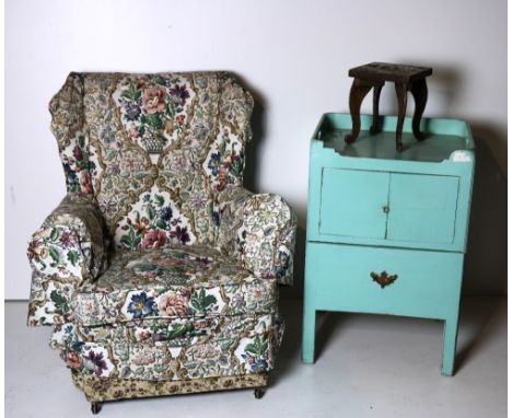 A floral covered wing back Divan Armchair, an old painted pine pull-out Commode Bedside Locker. (2)