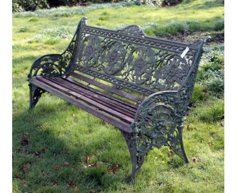 A very rare large attractive Coalbrookdale cast metal Garden Bench, with overall decoration of horse chestnut leaves and frui