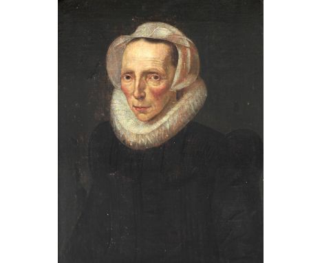 Late 16th / Early 17th Century English School"Mrs. William Swifte," O.O.C., Portrait of a Lady with rough collar and lace bon