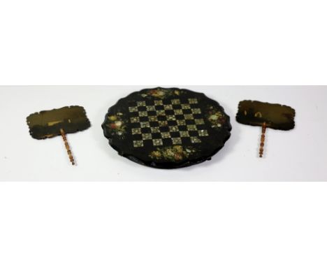 A Victorian mother-o-pearl and floral decorated papier mache Chess or Draughts Board, together with a pair of papier mache Fa