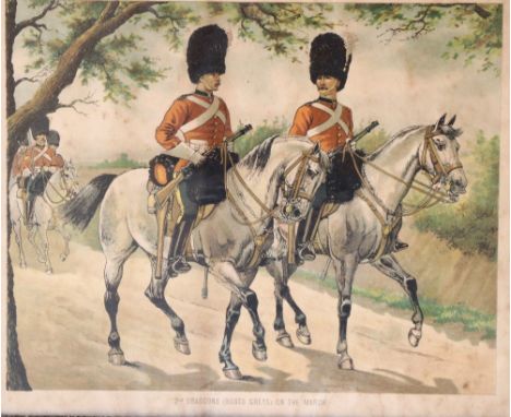 A set of 4 military coloured Prints, in red frames; a set of 4 French coloured Hunting Prints in hogarth type frames; a set o