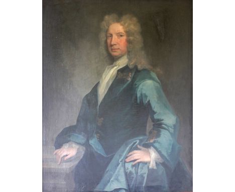 18th Century Irish SchoolThree quarter length, "Portrait of a Gentleman Col. E. Stratford,, with long wig, and standing with 