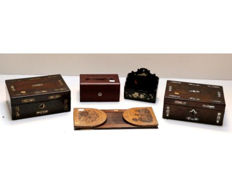 Two similar rosewood Vanity Sewing Boxes, with mother-o-pearl inlay; together with red leather jewellery box, a papier mache 