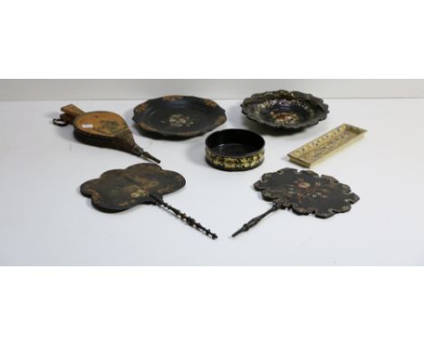 Two attractive Victorian papier-mache Fans, with painted and gilt decoration and with mother-o-pearl inlay, a similarly decor