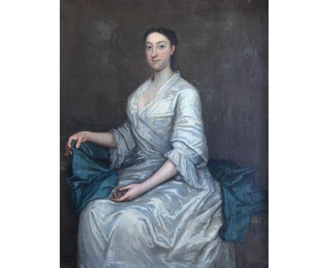 Early 18th Century Irish School"Portrait of Mrs. Deane Swifte," three quarter length, in white satin dress, seated, O.O.C., 1