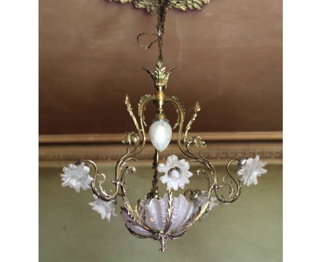 A 19th Century French rococo style ormolu six branch Ceiling Light, with floral decorated glass shades and dish, approx. 102c