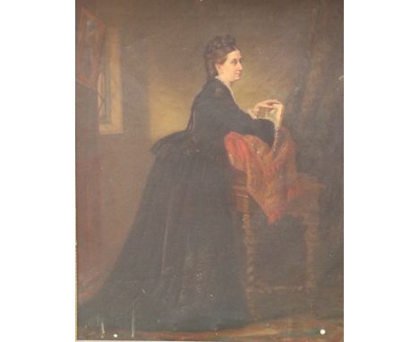 19th Century Irish School "Portrait of Mrs. Godwin Swifte," depicting a Lady standing with book in hand in a detailed interio