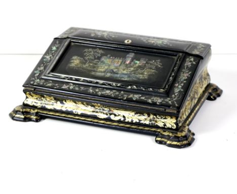 A fine quality 19th Century papier mache and mother-o-pearl Writing Box, with decorative scene of Warwick Castle, possibly Je