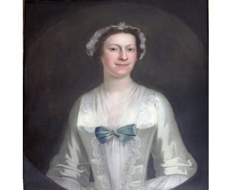 Attributed to William Hogarth (1697-1764) "Portrait of a Lady wearing a white satin dress with lace trim and blue bow and a l