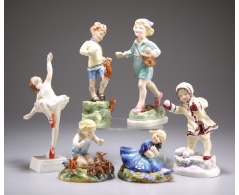 A COLLECTION OF SIX ROYAL WORCESTER FIGURES, comprising "Red Shoes", no. 3258; "Thursday's child has far to go", no. 3522; "O