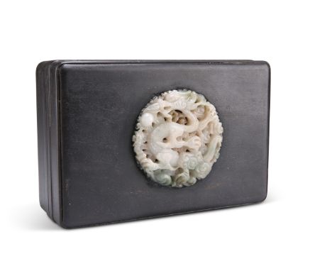 A CHINESE JADE INSET HARDWOOD BOX, the pierced and carved roundel of a three-claw dragon and flaming pearl inset to the cover