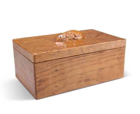 ROBERT THOMPSON, A MOUSEMAN OAK TRINKET BOX, adzed rectangular form with lift-off lid, carved mouse signature. 18.5cm longCON