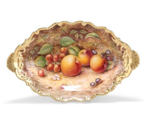 A ROYAL WORCESTER FRUIT PAINTED DISH, shaped oval form, signed by P. English, gilt printed factory mark. 30cm long