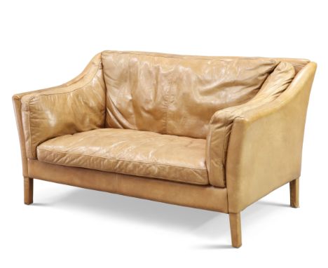 A CONTEMPORARY BROWN LEATHER TWO-SEATER SOFA, with square-section legs. 144cm longCONDITION REPORTHeight of back 80.5cm, heig