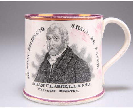 A SUNDERLAND PINK LUSTRE POTTERY METHODIST MUG, CIRCA 1840, black transfer-printed with a bust of Adam Clarke and the motto "