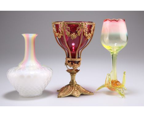 A VICTORIAN VASELINE URANIUM GLASS TULIP VASE, PROBABLY BY H.G. RICHARDSON, CIRCA 1890, the tulip bowl of graduated pink and 