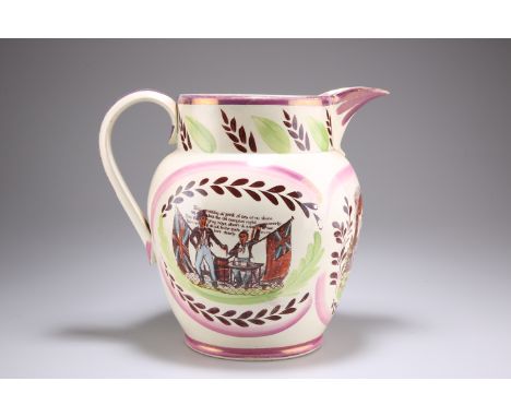 A SUNDERLAND LUSTRE POTTERY JUG, typical form, transfer-printed and enamelled with three reserves, two having Masonic imagery