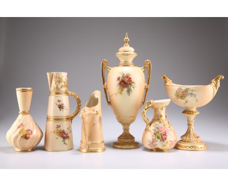 A GROUP OF ROYAL WORCESTER BLUSH IVORY, comprising vase and cover, no. 1481; pedestal vase, no. 280; tusk-form ewer, no. 1116
