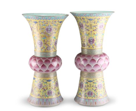 A NEAR-PAIR OF LARGE CHINESE FAMILLE ROSE LOTUS-FORM VASES, each enamel painted with lotus flowers, scrolling tendrils and ba