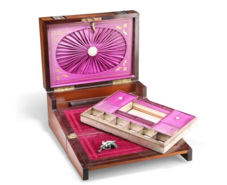A VICTORIAN MOTHER-OF-PEARL AND ABALONE INLAID BURR WALNUT SEWING AND WRITING BOX, the interior with lift-out tray above a hi