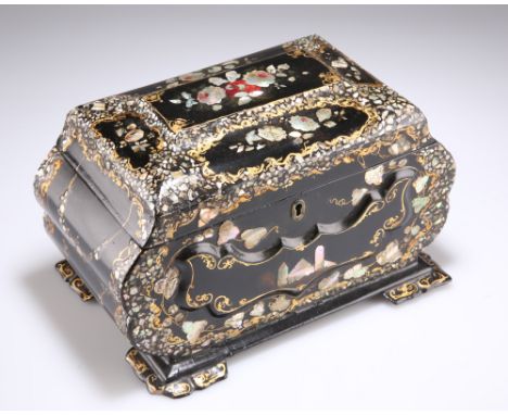 A VICTORIAN&nbsp;PAPIER-MÂCHÉ&nbsp;TEA CADDY, of bombé&nbsp;form with hinged cover and twin lidded compartments, mother-of-pe