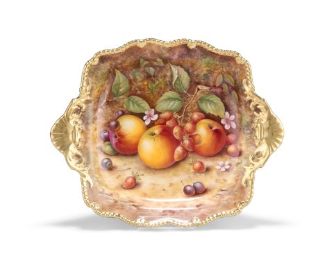 A ROYAL WORCESTER FRUIT PAINTED TUDOR TRAY, signed by P. English, gilt printed factory mark. 28.5cm across handles