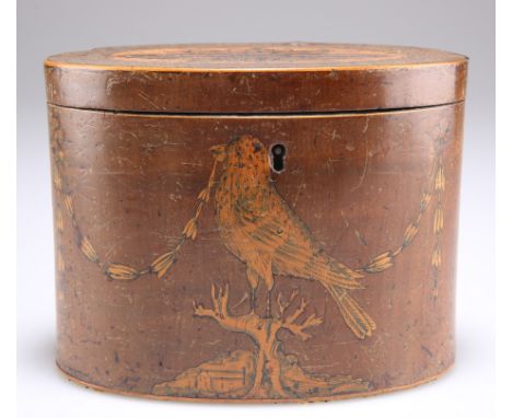 A GEORGE III INLAID MAHOGANY TEA CADDY, oval, the hinged lid centred by a flowerhead within an oval reserve, the front inlaid