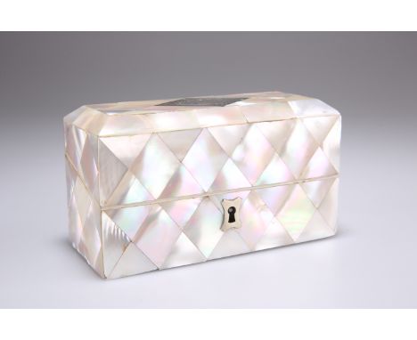 A VICTORIAN MOTHER-OF-PEARL SCENT BOTTLE CASE, the hinged rectangular lid opening to reveal three silver-plate topped bottles