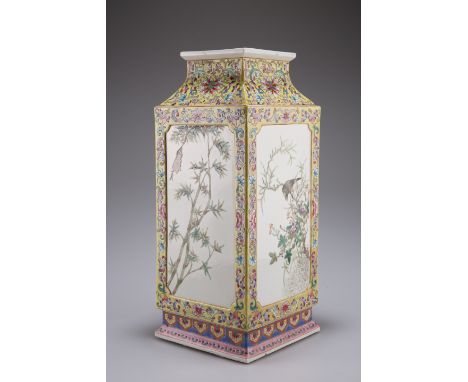 A CHINESE FAMILLE ROSE PORCELAIN CONG VASE, painted with birds, insects and flowers, bears iron red seal mark. 35cm highCONDI