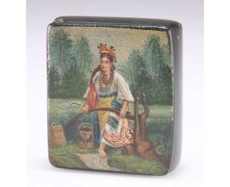 A 19TH CENTURY RUSSIAN BLACK LACQUER&nbsp;SNUFF BOX, the hinged lid painted with a young woman by a stream, pails and a yoke 