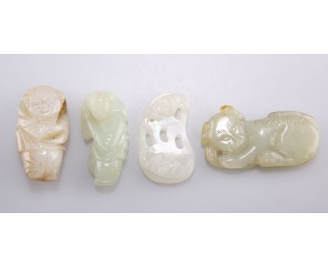 FOUR CHINESE JADE CARVINGS, comprising&nbsp;two figural carvings, a pierced plaque carved with two bats, and a carved recumbe