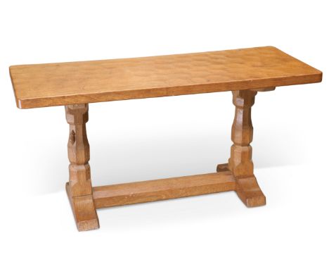 ROBERT THOMPSON, A MOUSEMAN OAK COFFEE TABLE,&nbsp;the 3ft adzed rectangular top raised on a trestle base with faceted balust
