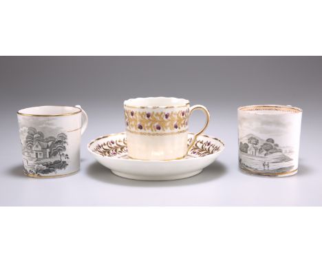 A SPODE PATTERN 557 COFFEE CAN, decorated with a bat print from the "Cottages" series; together with ANOTHER BAT PRINTED COFF