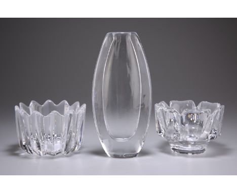 THREE PIECES OF ORREFORS STUDIO GLASS, comprising:&nbsp;A NILS LANDBERG GLASS VASE, compressed ovoid form of clear cased glas