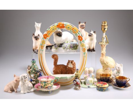 A COLLECTION OF CERAMICS, including a pair of Coalport cobalt blue and gilded cabinet cups and saucers, two Royal Doulton mod