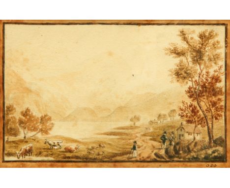 BRITISH SCHOOL, FIGURES BY A LAKE, POSSIBLY CUMBRIA, inscribed 'OSO' to border and with indistinct date 1823?, watercolour, f