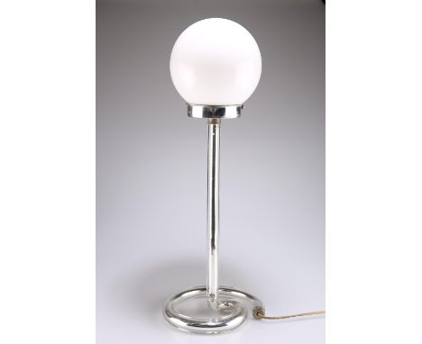 AN ART DECO CHROME TABLE LAMP, with globular opaline glass shade supported on a tubular stem continuing into a loop base. 60c