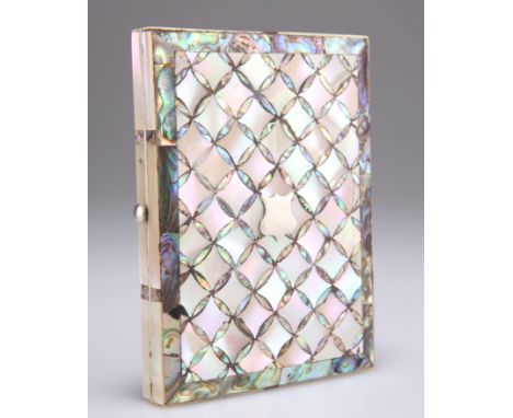 A MOTHER-OF-PEARL AND ABALONE AIDE MEMOIRE, rectangular, vacant white-metal cartouche to cover, with purple silk lining, cent