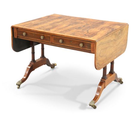 A FINE REGENCY SATINWOOD INLAID AND YEW WOOD CROSSBANDED ROSEWOOD SOFA TABLE, IN THE MANNER OF GILLOWS, the rectangular drop 