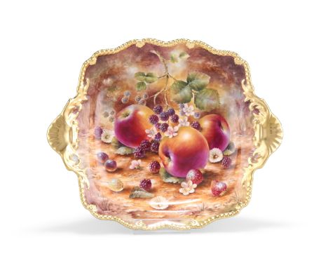 A ROYAL WORCESTER FRUIT PAINTED TUDOR TRAY, signed by S. Wood, gilt printed factory mark. 28.5cm across handles