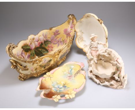 A LARGE ZSOLNAY PECS TWO-HANDLED VASE, boat-shaped, enamel painted with foliage and gilded, impressed no. 4005, impressed and
