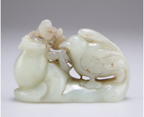 A CHINESE JADE CARVING, of a bird feeding on lingzhi fungus issuing from a pot, the stone of pale celadon colour with light r