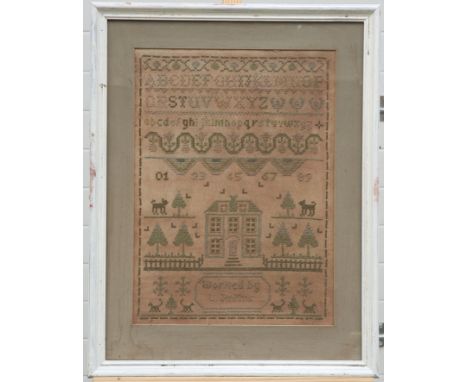 A SAMPLER, worked by L. Jenkins, alphabetical and numerical with house, trees and dogs, framed. Overall 71cm by 55cmCONDITION