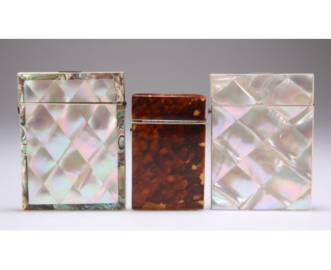 THREE 19TH CENTURY VISITING CARD CASES, comprising:&nbsp;A&nbsp;MOTHER-OF-PEARL AND ABALONE SHELL EXAMPLE; and&nbsp;A PLAIN M